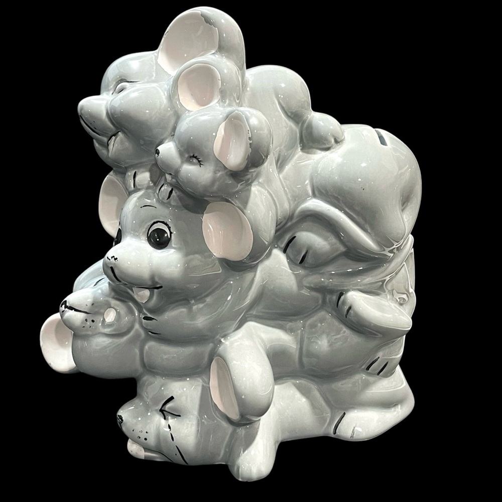 Vintage 1980s Ceramic Cute Stacked Mice Coin "Piggy" Bank - Kitschy Collectible